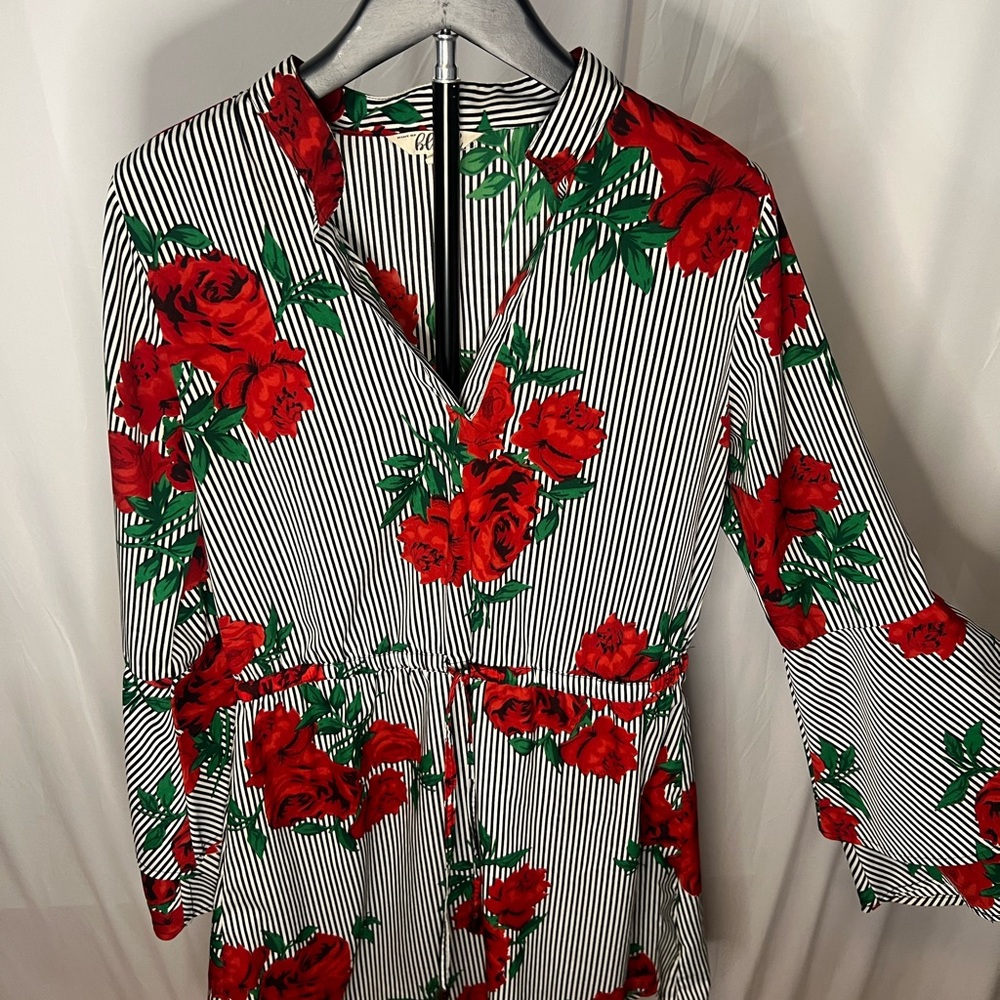Floral Stripe Midi Dress with Red Rose Print